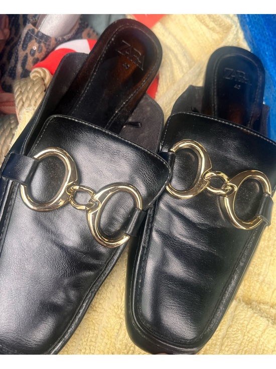 Zara Shoes - Zara Black Leather Mule Loafers with Gold Chain Accent